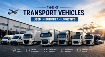 Verschillende transportvoertuigen gebruikt in de Europese logistiek, waaronder bestelwagens, vrachtwagens, opleggers en gekoelde transportvoertuigen